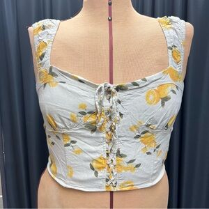 Floral Lace-Up Corset Crop Top - White and Yellow B